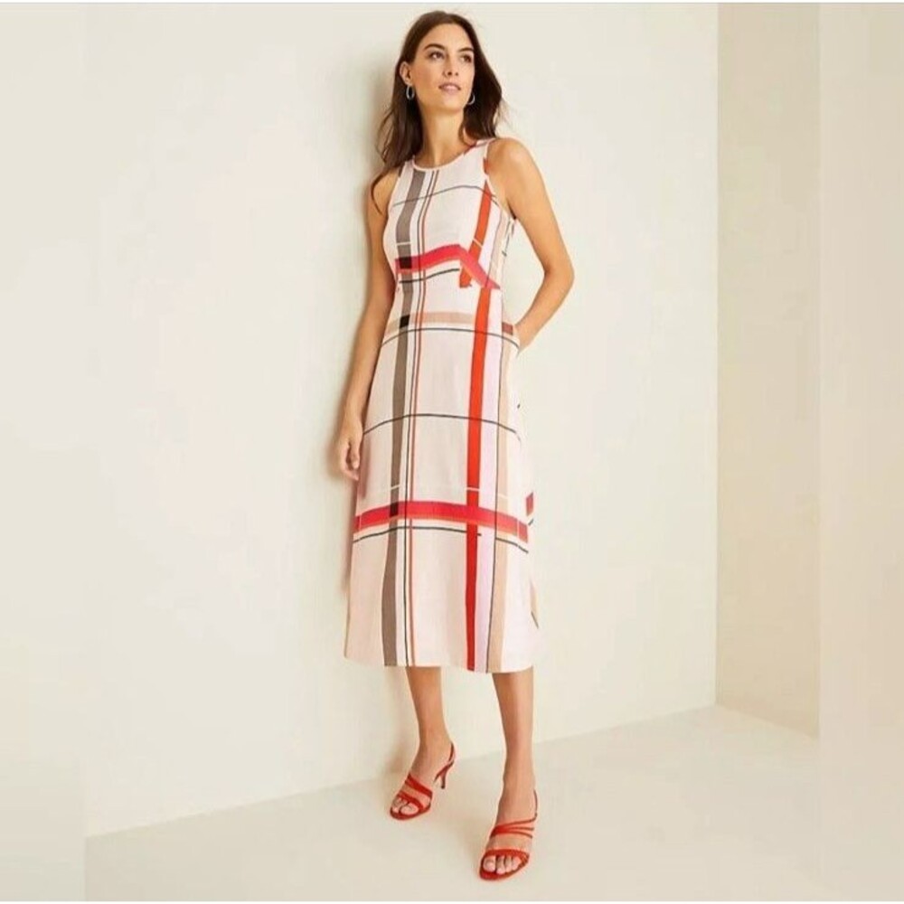 Ann Taylor Plaid Fit Flare Pocket Dress Women's 2 Pastel Pink Festival Summer